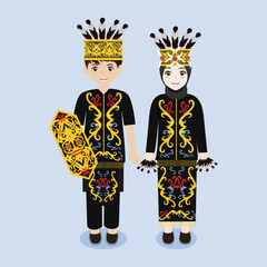 Indonesian Couple Wearing Dayak Traditional Costume Vector Illustration.