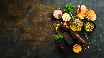 Cooking banner. Background with spices and vegetables. Top view. Free space for your text.