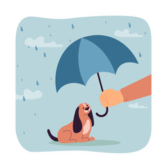 Owner holding umbrella under dog flat vector illustration. Person protecting puppy from rain, taking care of domestic animal health. Friendship concept for banner, website design or landing web page