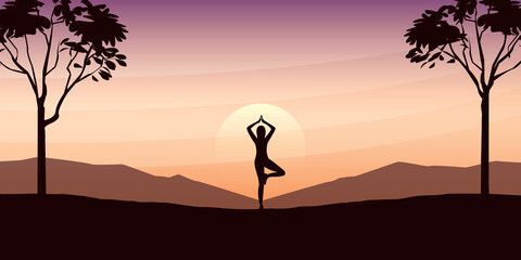 yoga girl on beautiful landscape with big trees and mountain view at sunset
