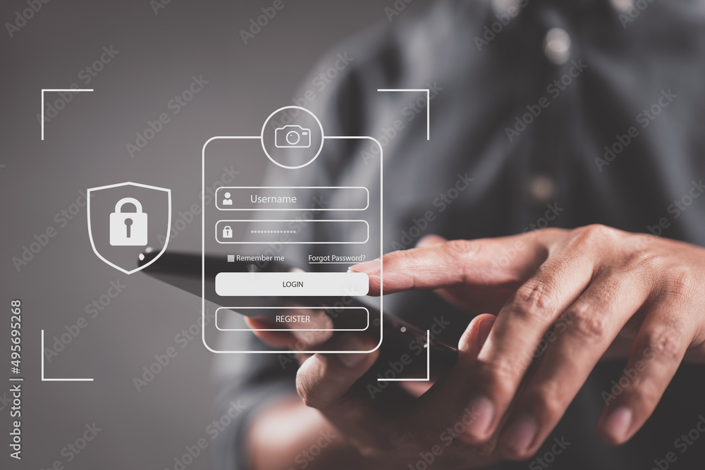 Poster In his account, a businessman with a cellphone is safe. Hacking a Phishing mobile phone with a password to get access to a smartphone, internet security issues are all examples of the concept.