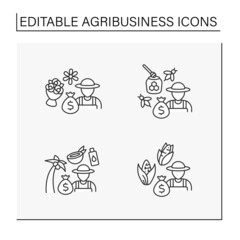 Agribusiness line icons set. Corn cultivation, beekeeping and honey, coconut and palm oil production, florist business, Profitable business concept. Isolated vector illustrations. Editable stroke