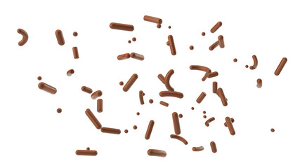3d rendering of falling chocolate sprinkles isolated on white background