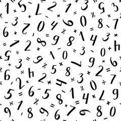 Numeral vector seamless pattern. Handwritten lettering modern brush calligraphy. Hand-drawn figures 1, 2, 3, 4, 5, 6, 7, 8, 9, 0 and mathematical symbols. Black numbers with thick and thin lines.