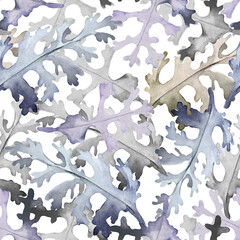 Materiał do szycia Seamless pattern of leaves of cineraria plant. Hand drawn watercolor.