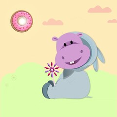 Fototapeta premium little hippopotamus in a bunny costume, children's card, sun, mood