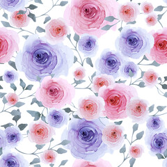 Materiał do szycia Seamless pattern of blue and pink roses with leaves on white background. Hand drawn watercolor.