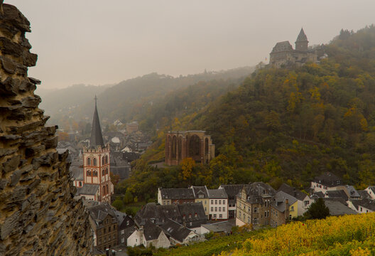 Town of Bacharach in the Mainz-Bingen district of Rhineland-Palatinate, Germany on a foggy day