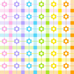 Pastel Rainbow Cute Daisy Flower Line Scott Checkered Plaid Tartan Gingham Pattern Square Background Vector Cartoon Illustration Tablecloth, Picnic mat wrap paper, Mat, Fabric, Textile, Scarf