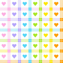 Pastel Rainbow Cute Heart Love Valentines Day Scott Checkered Plaid Tartan Gingham Pattern Square Background Vector Cartoon Illustration Tablecloth, Picnic mat wrap paper, Mat, Fabric, Textile, Scarf