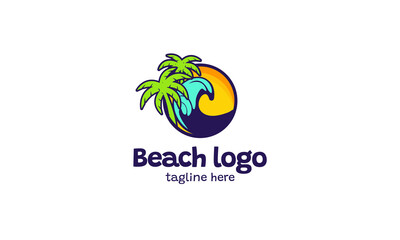 Fototapeta na wymiar summer beach with palm trees logo template design vector illustration