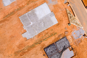Aerial view of construction site the house concrete foundation in preparation process