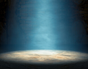 Habitación vacía y oscura con niebla y humo. Ilustración 3d. Suelo de tierra y cemento iluminado por un foco.