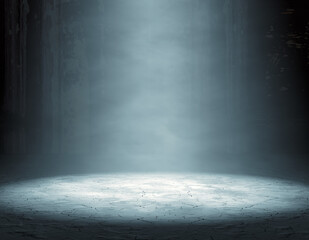 Habitación vacía y oscura con niebla y humo. Ilustración 3d. Suelo de tierra y cemento iluminado por un foco.