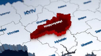 Stylish 3D map of Ukraine with Kropyvnytskyi region at focus highlighted in red