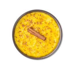 Curau, typical sweet brazilian june festival food made with corn isolated over white background