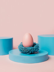 Pink painted egg and bird nest with geometrical shapes against pastel pink background. Minimal Easter holiday concept. Creative festive Easter podium for product showcase or presentation.