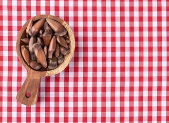 Pine tree seed, typical brazilian june festival food over plaid fabric. Festa junina with copy space