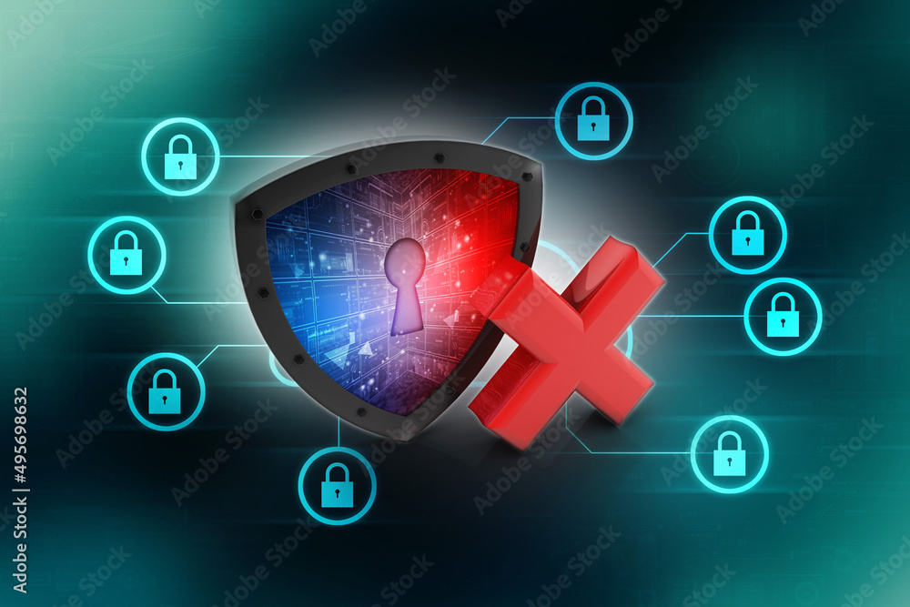 Poster 3d rendering no x cross mark sign over a shield