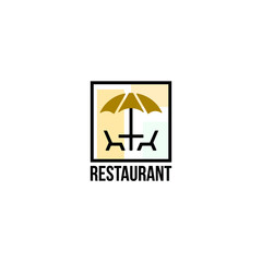restaurant logo with umbrella and chairs icon graphic for brand identity