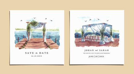 Wedding invitation of nature landscape with wedding gate on dock and lake view watercolor