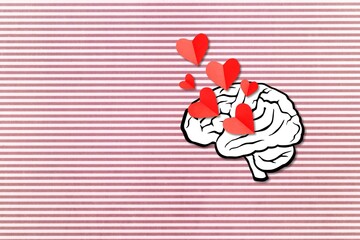 Red hearts fly out of the brain. Humans love concept
