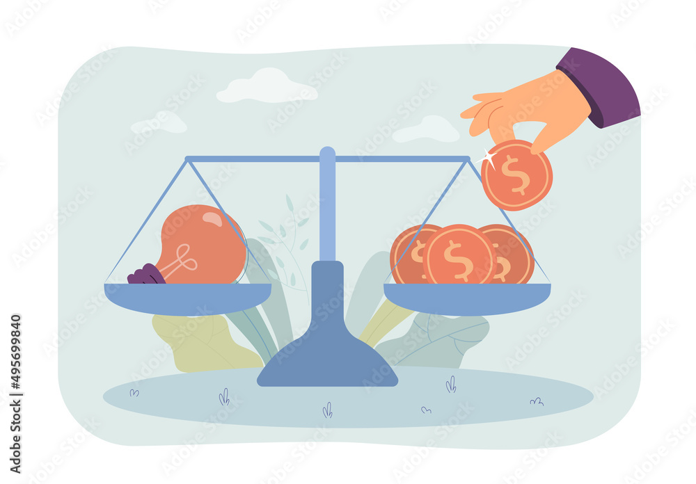 Poster coins and lightbulb on scales flat vector illustration. evaluating value of creative idea. balance b