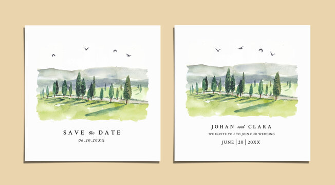 Watercolor wedding invitation with nature landscape 