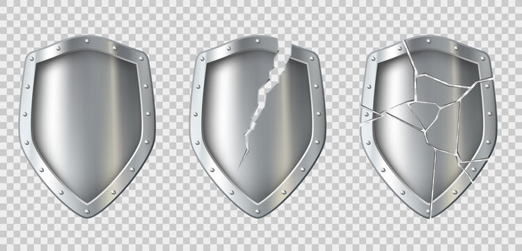 Set of metal broken shields with crack.