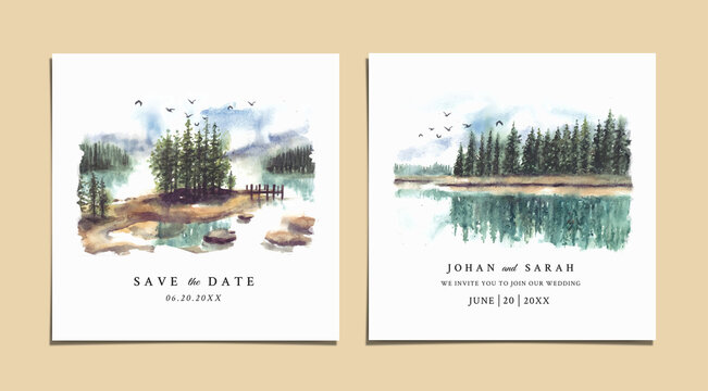 Wedding invitation with reflection of beautiful pine trees in lake watercolor