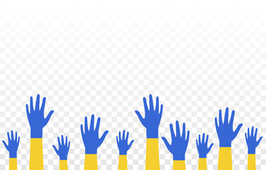 Obraz premium Vector raised hands png. Raised hands for Ukraine, support for Ukraine. Yellow-blue hand, people, crowd of people with their hands up.