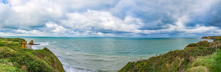 A panoramic photo at Pointe du Hoc on the Normandy coast in northern France (near the town of...