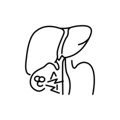 Cholelithiasis liver color line icon. Human diseases.
