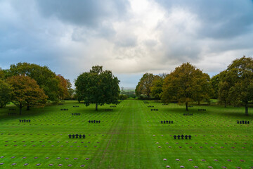 The beautiful cloudy sky enhances the beautiful view from the memorial at this German military cemetery in La Cambe, Normandie