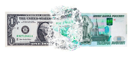 US dollar and Russian ruble isolated on white background. Concept.
