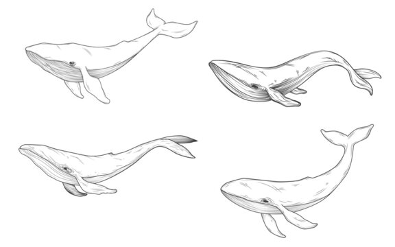 Whale sketches set. Vector illustration isolated on white background