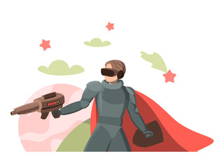 A man playing a space game in virtual reality using a VR headset. Character space marine in cyberspace in armor and with weapons on a fantasy planet, modern entertainment. Flat vector illustration.