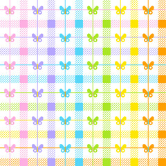 Pastel Rainbow Cute Beautiful Butterfly Insect Line Scott Checkered Plaid Tartan Gingham Pattern Square Background Vector Cartoon Illustration Tablecloth, Picnic mat wrap paper, Mat, Fabric, Textile