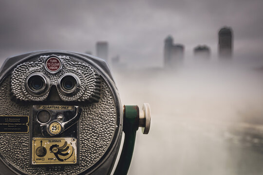 Closeup Shot Of Binoculars On Top Of The Rock Observation Deck In New York, USA