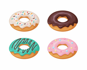 Donut. A collection of donuts decorated with various glazes and sprinkles. Sweet dessert, vector illustration isolated on a white background