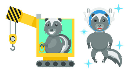 Fototapeta premium Set Abstract Collection Flat Cartoon Different Animal Skunks Working Behind A Crane, Astronaut In Helmet Vector Design Style Elements Fauna Wildlife