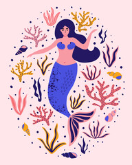 Obraz na płótnie Canvas Cute mermaid with seaweed, corals, shells. Fantastic summer background for textiles, t-shirts, greeting cards and more. Hand drawn vector illustration.