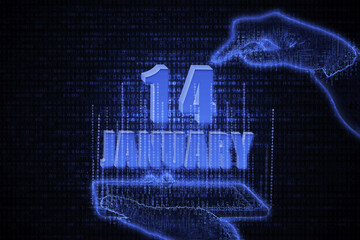 January 14th. A hand holding a phone with a calendar date on a futuristic neon blue background. Day 14 of month.