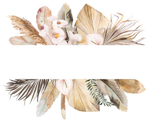Watercolor Bohemian frame with feathers, dried leaves and tropical flowers illustration © katrinshine