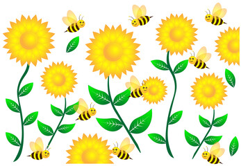Honey bee on sunflower seamless pattern