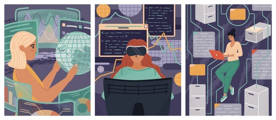 Woman in VR goggles coding AI application. Female engineers and developers. Diversity and Break the science bias concept vector illustration. Women in tech. Innovative technologies and data analytics