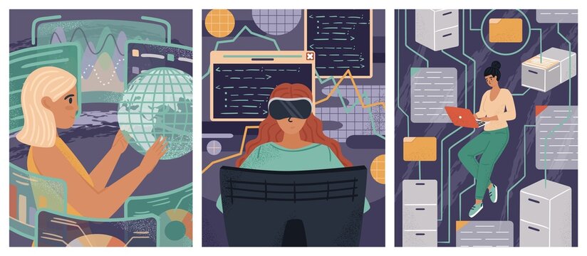 Woman In VR Goggles Coding AI Application. Female Engineers And Developers. Diversity And Break The Science Bias Concept Vector Illustration. Women In Tech. Innovative Technologies And Data Analytics