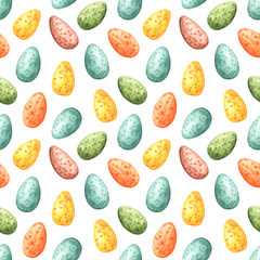 Easter eggs watercolor seamless pattern. Happy Easter pattern. Yellow, orange, blue, green, brown eggs. Food. Religion. White background. For printing on textiles, wrapping paper, postcards
