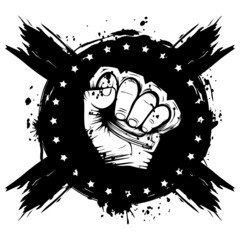 Obraz premium Vector illustration hand with brass knuckle on grunge background. For tattoo or t-shirt design.