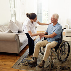 Taking care of the elderly is her calling. Shot of a caregiver helping a senior man in a wheelchair...